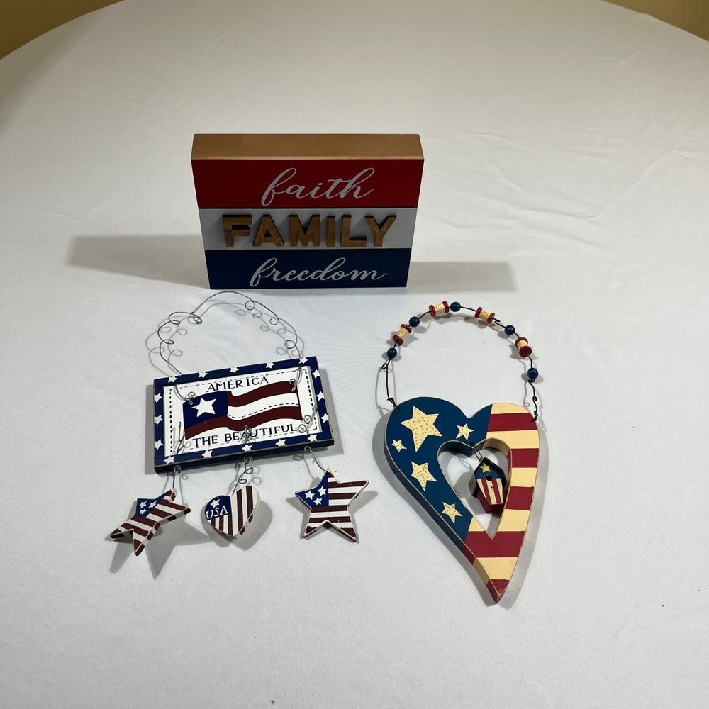 Patriotic Decor Set Red White Blue Rustic Americana Wood Signs 4th of July Decor